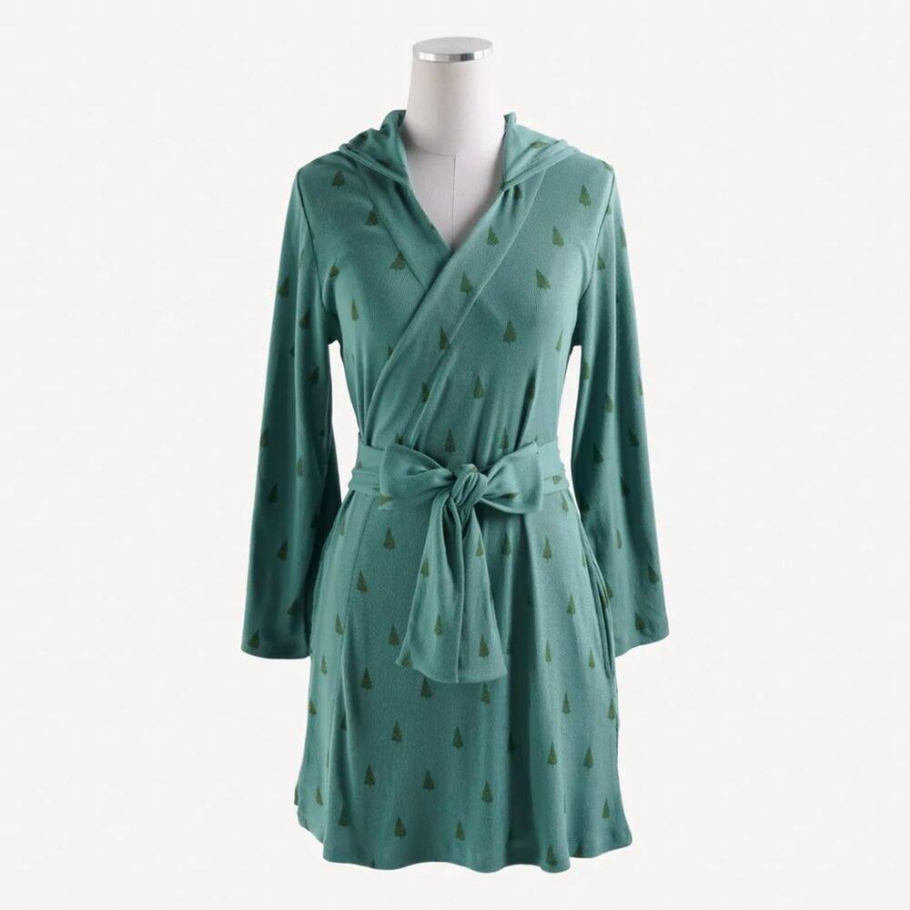 NWT Kate Quinn Organic Cotton Hooded Robe w Tiny Pine Trees Christmas Sz XL/1XL